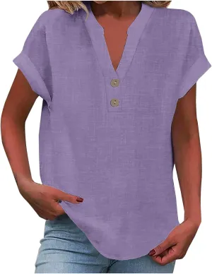 Summer Tops for Women 2025 Trendy Short Sleeve Cotton Linen Shirt Casual Button v Neck Tunic Blouses Outfits