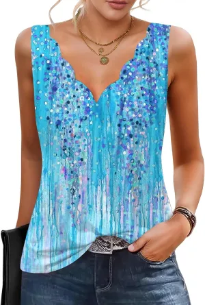 Summer Tops for Women Seashell Edge Tank Tops V Neck Sleeveless Shirts Loose Fit Dressy Casual