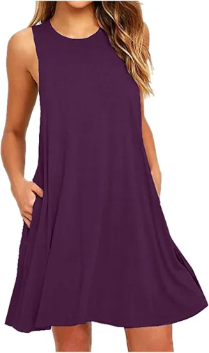 Sundresses for Women Fashion Loose Crewneck A Line Tank Mini Dress Casual Sleeveless Summer Beach Swing Dresses with Pockets