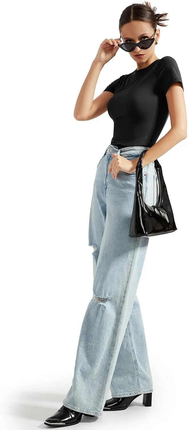 SUUKSESS Women Double Lined Fitted Basic Tee Crew Neck Short Sleeve Y2K Crop Top