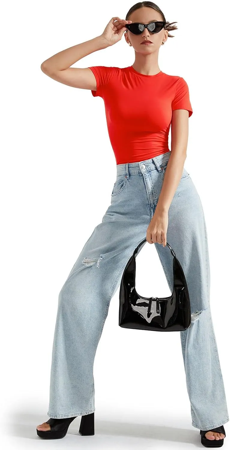 SUUKSESS Women Double Lined Fitted Basic Tee Crew Neck Short Sleeve Y2K Crop Top