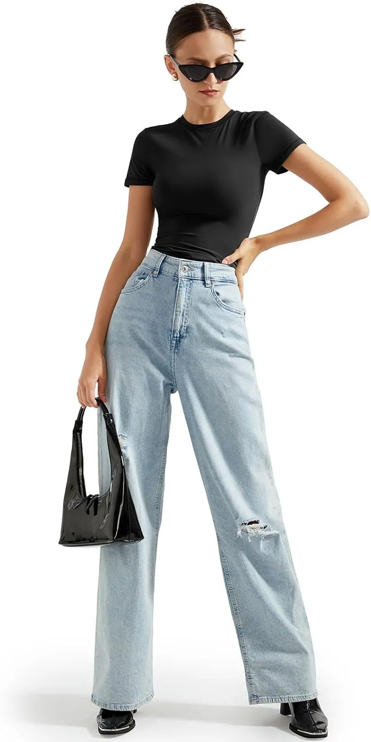 SUUKSESS Women Double Lined Fitted Basic Tee Crew Neck Short Sleeve Y2K Crop Top
