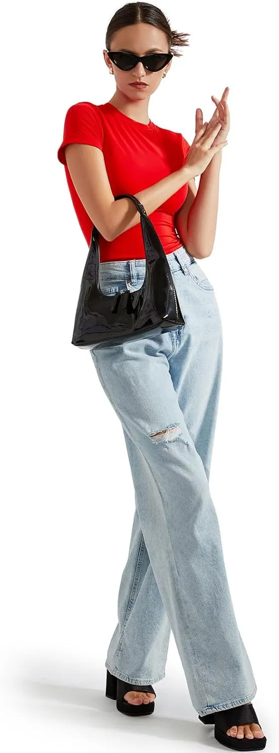 SUUKSESS Women Double Lined Fitted Basic Tee Crew Neck Short Sleeve Y2K Crop Top