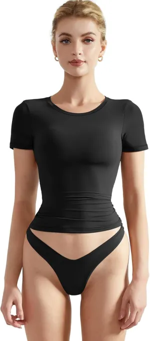 SUUKSESS Women Double Lined Fitted Basic Tee Crew Neck Short Sleeve Y2K Crop Top