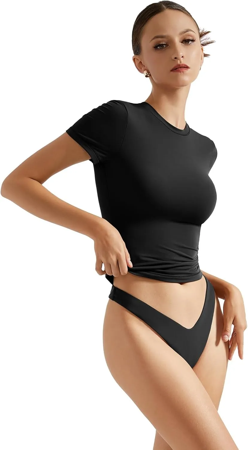 SUUKSESS Women Double Lined Fitted Basic Tee Crew Neck Short Sleeve Y2K Crop Top