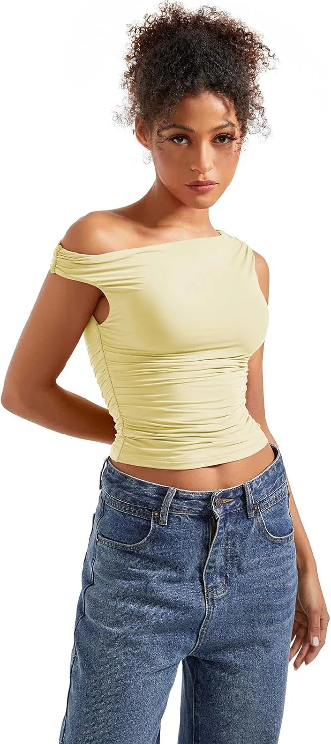 SUUKSESS Women Off Shoulder Tops Sleeveless Shirts Y2K Going Out Crop Tank Top