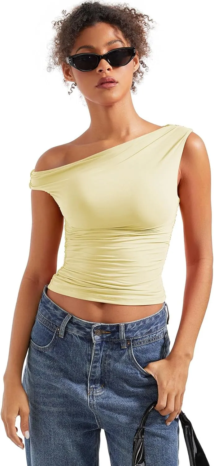 SUUKSESS Women Off Shoulder Tops Sleeveless Shirts Y2K Going Out Crop Tank Top