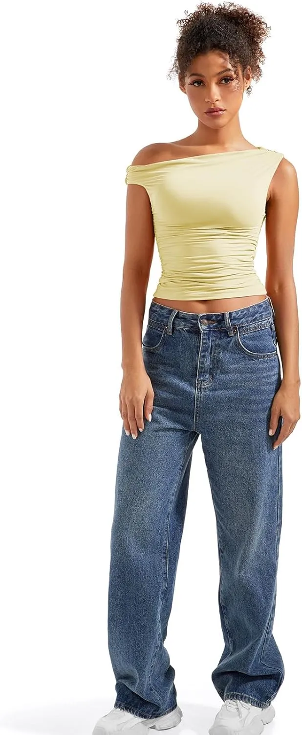 SUUKSESS Women Off Shoulder Tops Sleeveless Shirts Y2K Going Out Crop Tank Top