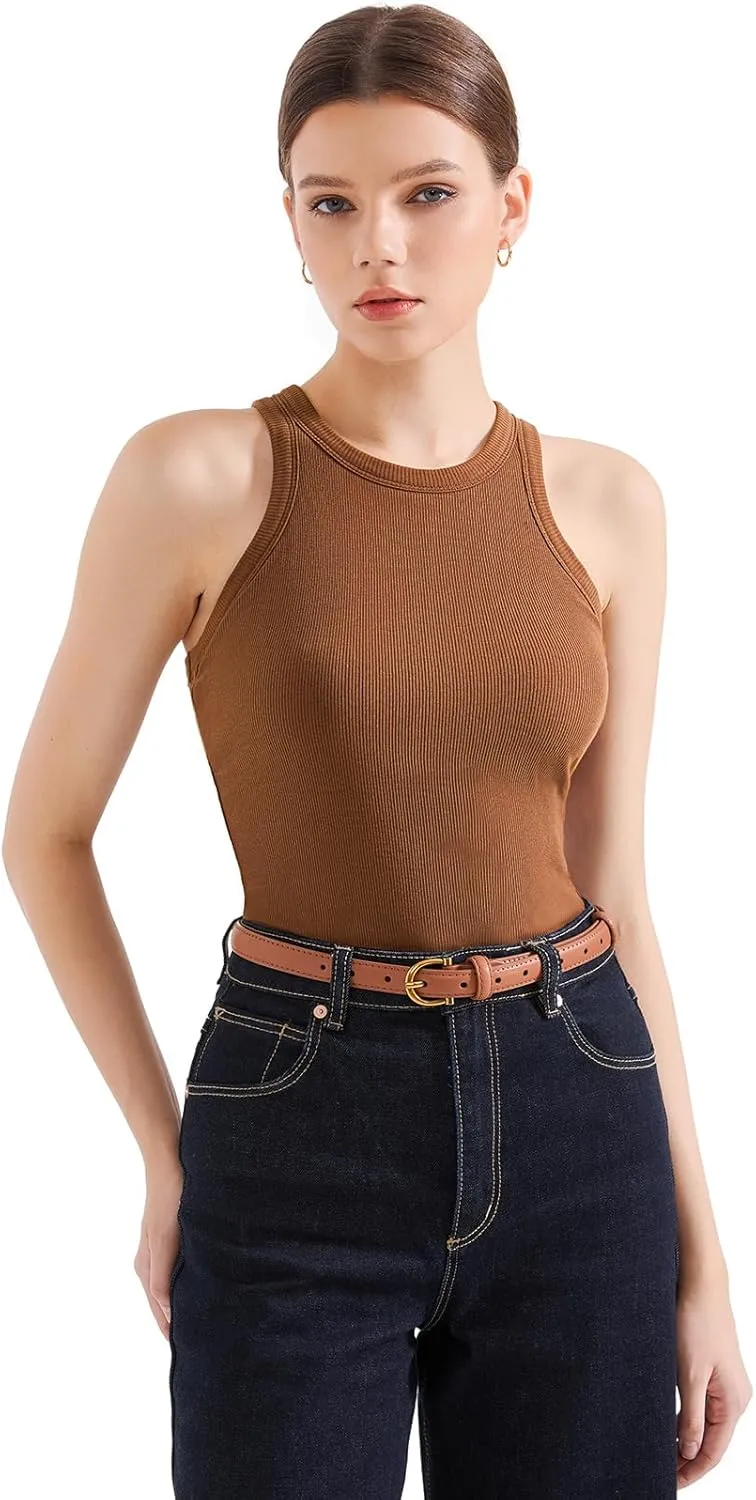 SUUKSESS Women Padded Cotton Ribbed Tank Tops 2025 High Neck Racerback Basic Tops