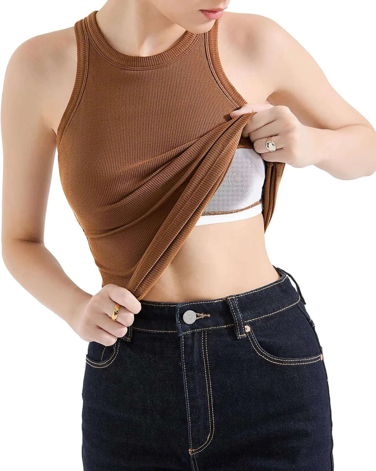 SUUKSESS Women Padded Cotton Ribbed Tank Tops 2025 High Neck Racerback Basic Tops