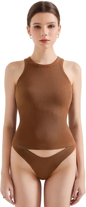 SUUKSESS Women Padded Cotton Ribbed Tank Tops 2025 High Neck Racerback Basic Tops
