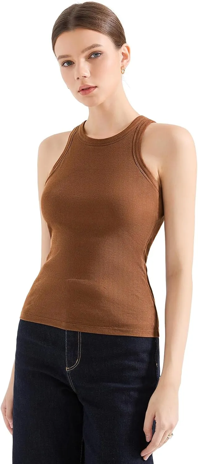 SUUKSESS Women Padded Cotton Ribbed Tank Tops 2025 High Neck Racerback Basic Tops