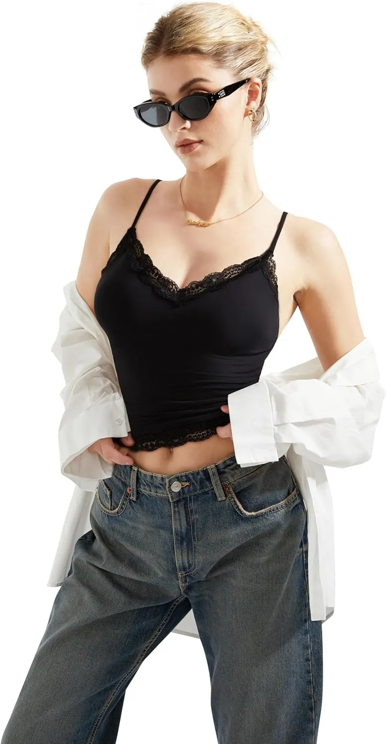 SUUKSESS Women Padded Lace Double Lined Tank Tops Sexy V Neck Summer Going Out Top