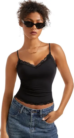 SUUKSESS Women Padded Lace Double Lined Tank Tops Sexy V Neck Summer Going Out Top