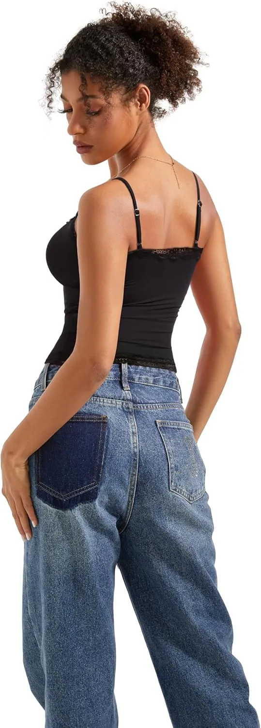 SUUKSESS Women Padded Lace Double Lined Tank Tops Sexy V Neck Summer Going Out Top