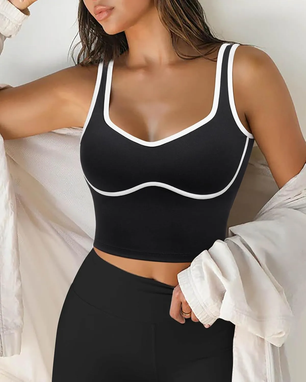 SUUKSESS Women Sweetheart Neckline Longline Sports Bra Padded Basic Workout Crop Tank Top
