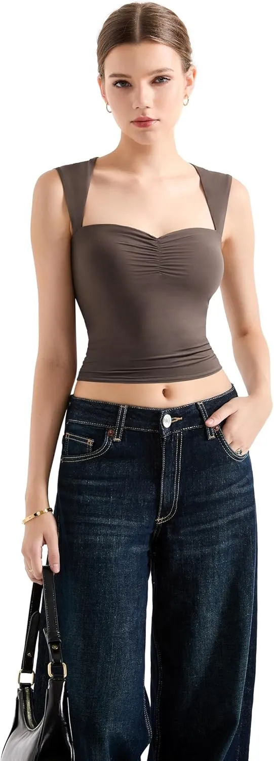 SUUKSESS Women Sweetheart V Neck Backless Tank Tops Double Lined Going Out Crop Tops