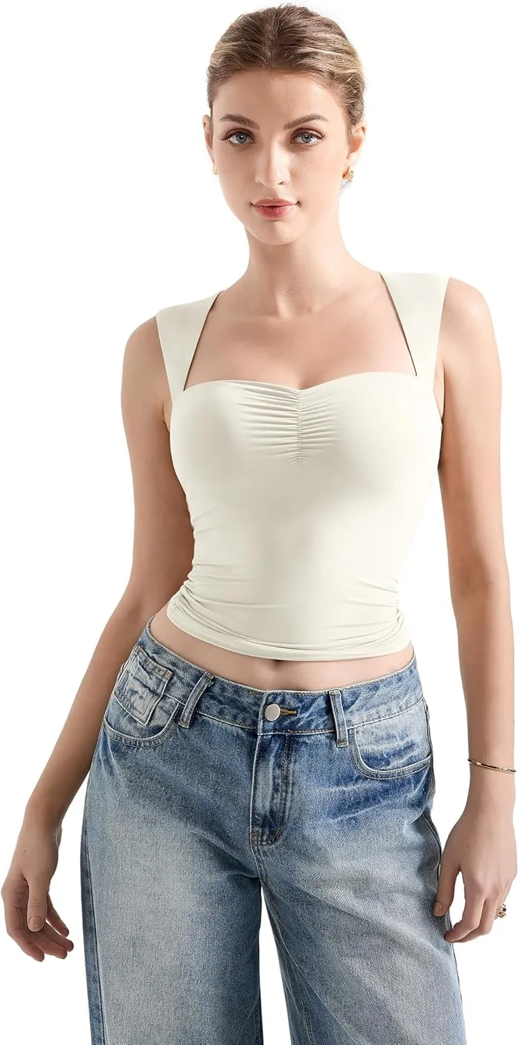 SUUKSESS Women Sweetheart V Neck Backless Tank Tops Double Lined Going Out Crop Tops