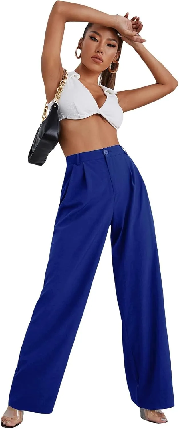 SweatyRocks Women's Casual Wide Leg High Waisted Button Down Straight Long Trousers Pants