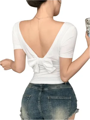 SweatyRocks Women's Crop Top Short Sleeve Slim Fit Tees Backless Bowknot Basic T Shirt