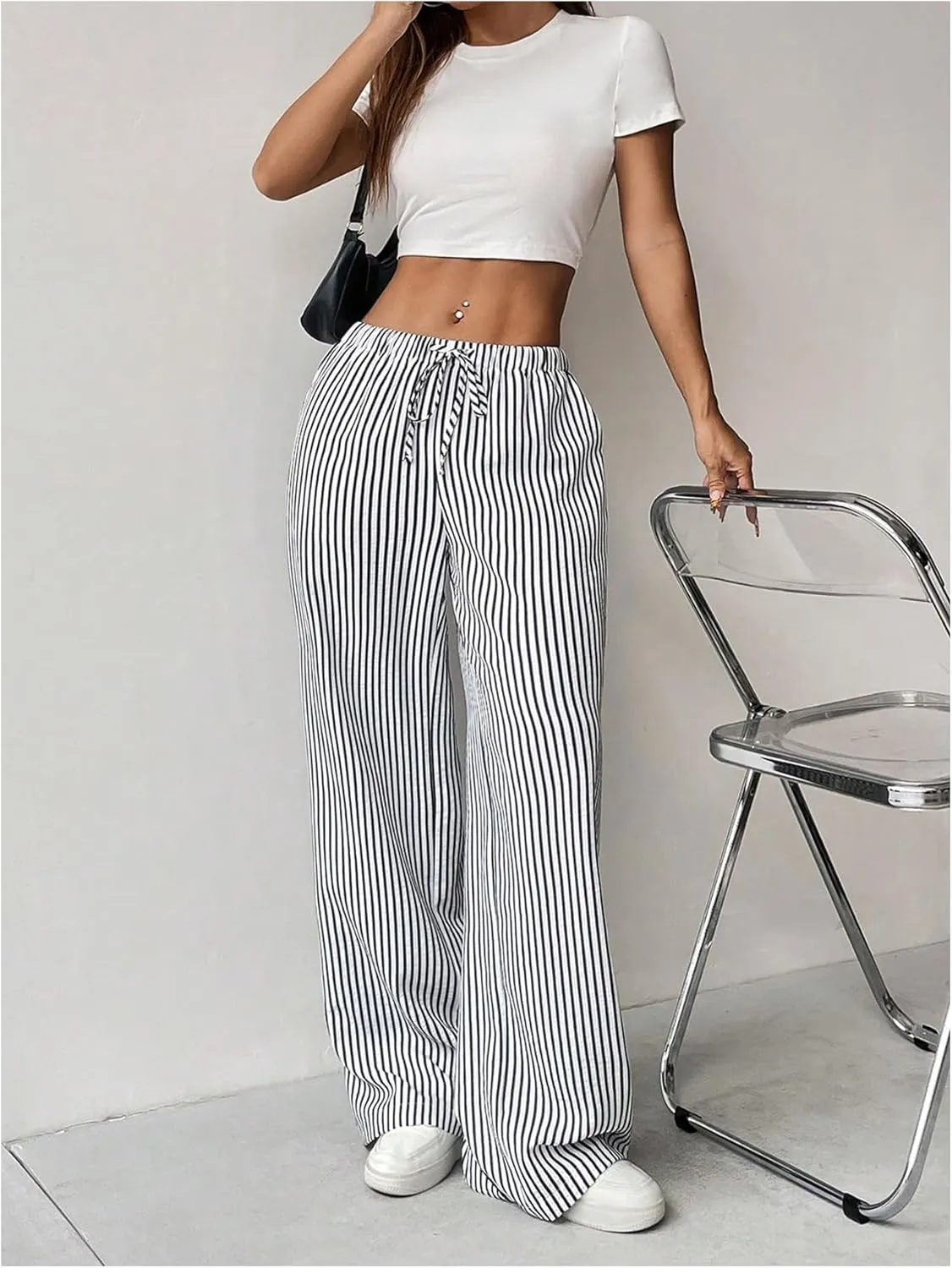 SweatyRocks Women's Y2K Striped Pants Wide Leg Drawstring High Waist Long Trousers with Pocket