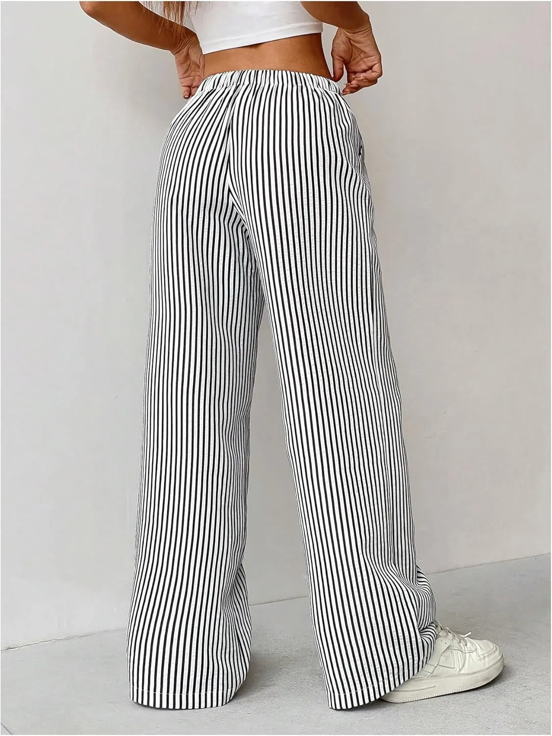 SweatyRocks Women's Y2K Striped Pants Wide Leg Drawstring High Waist Long Trousers with Pocket