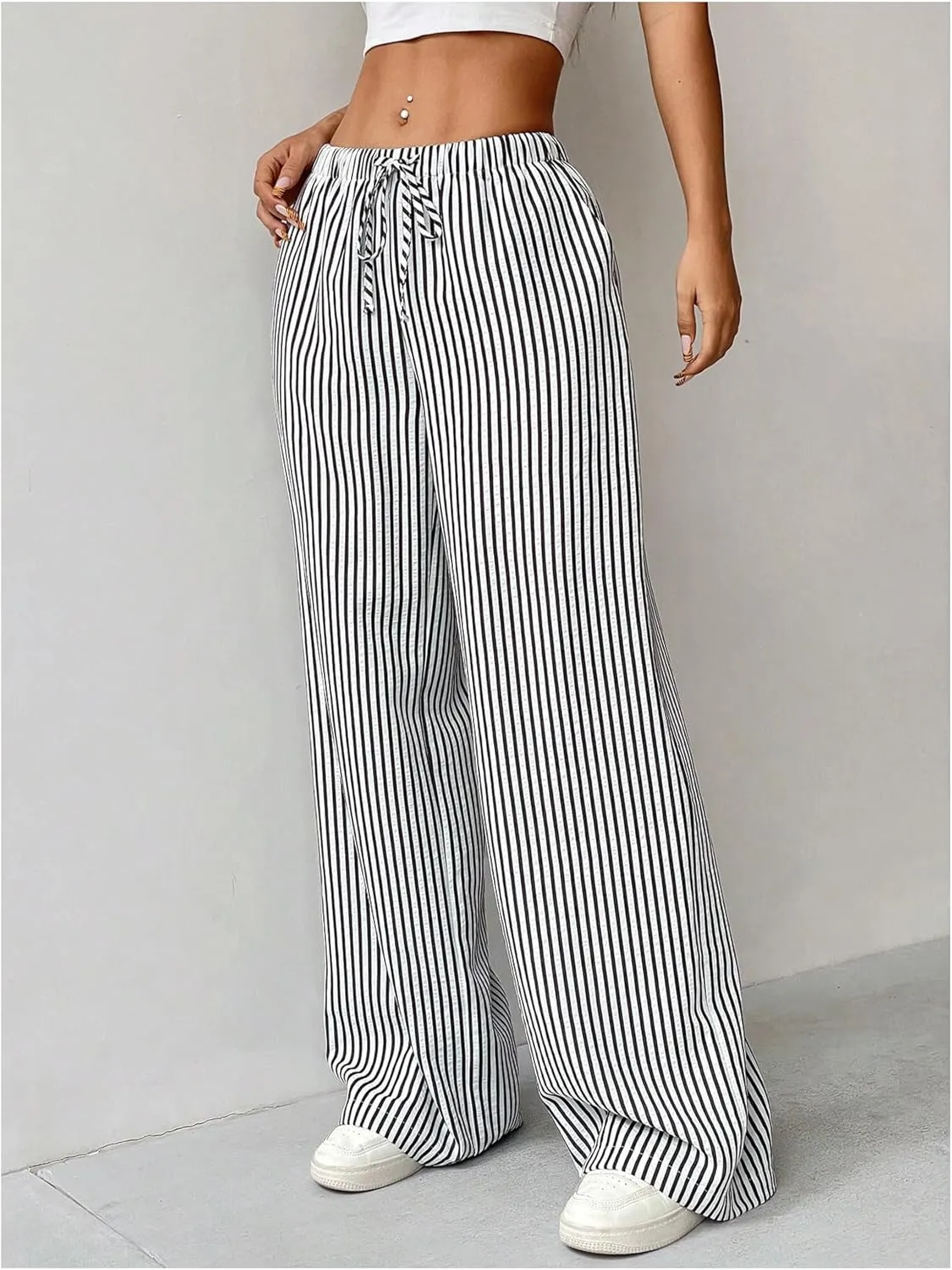 SweatyRocks Women's Y2K Striped Pants Wide Leg Drawstring High Waist Long Trousers with Pocket