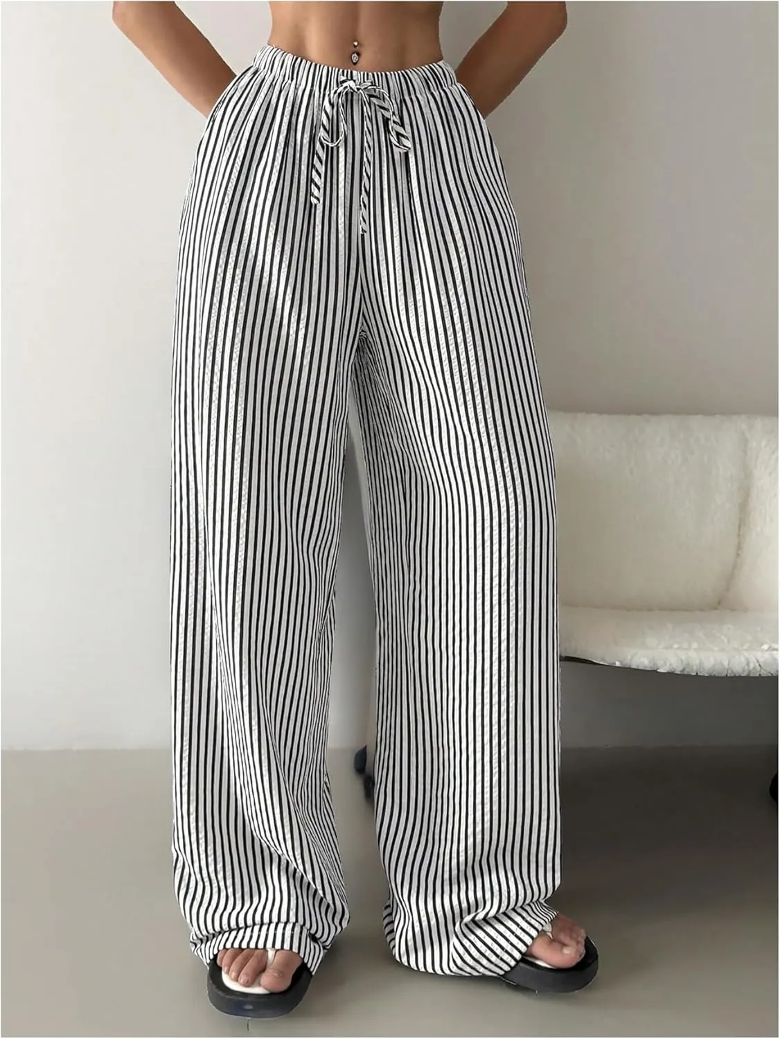 SweatyRocks Women's Y2K Striped Pants Wide Leg Drawstring High Waist Long Trousers with Pocket