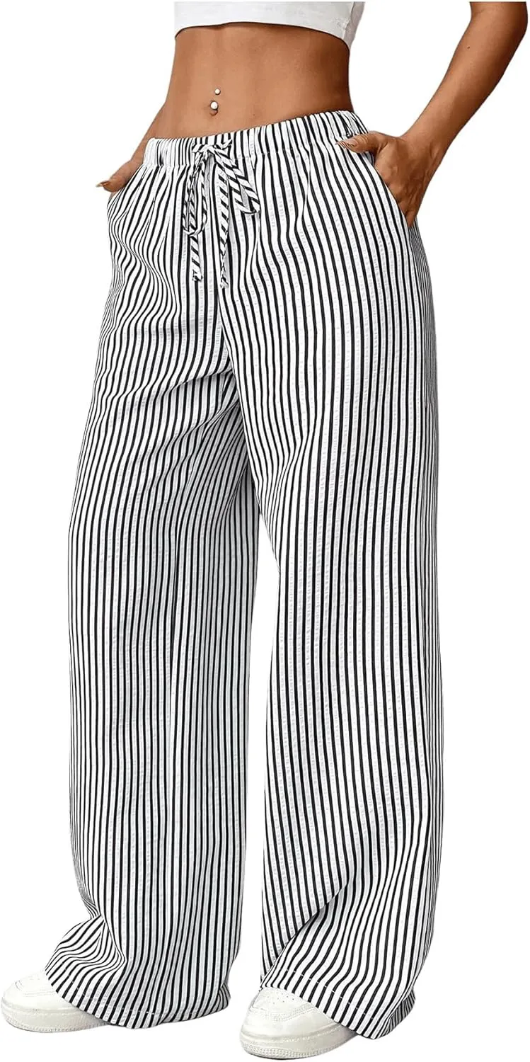 SweatyRocks Women's Y2K Striped Pants Wide Leg Drawstring High Waist Long Trousers with Pocket