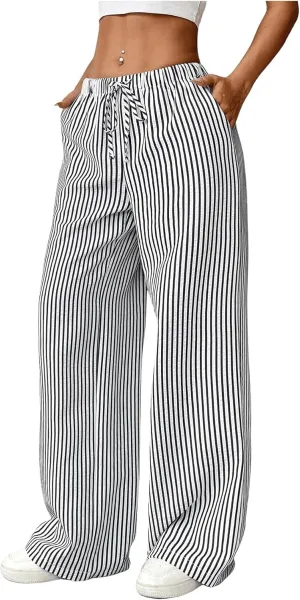 SweatyRocks Women's Y2K Striped Pants Wide Leg Drawstring High Waist Long Trousers with Pocket