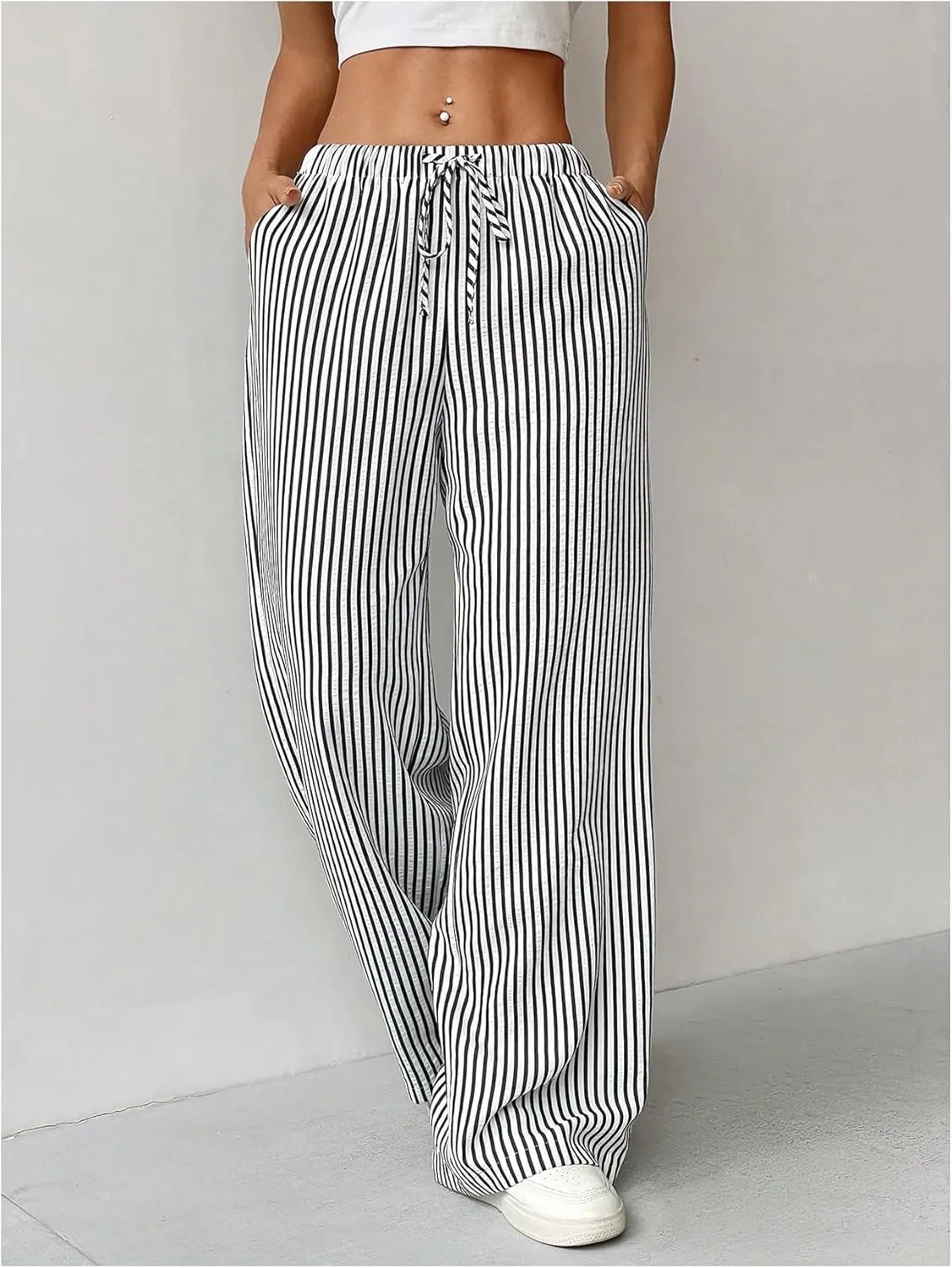 SweatyRocks Women's Y2K Striped Pants Wide Leg Drawstring High Waist Long Trousers with Pocket
