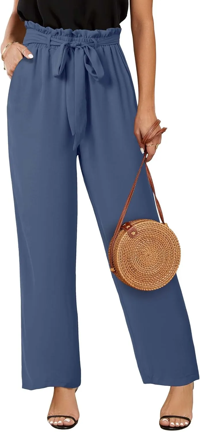 SySea Womens High Waisted Leopard Print Palazzo Pants Belted Wide Leg Long Trousers with Pockets