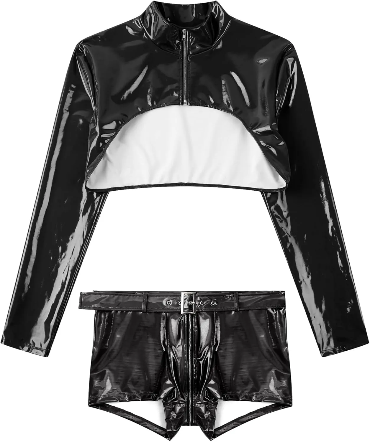 Sywiyi Men's Glossy Faux Leather Cutoff Coats Bodybuilding Tees with Boxer Briefs Trunks Stage Underwear