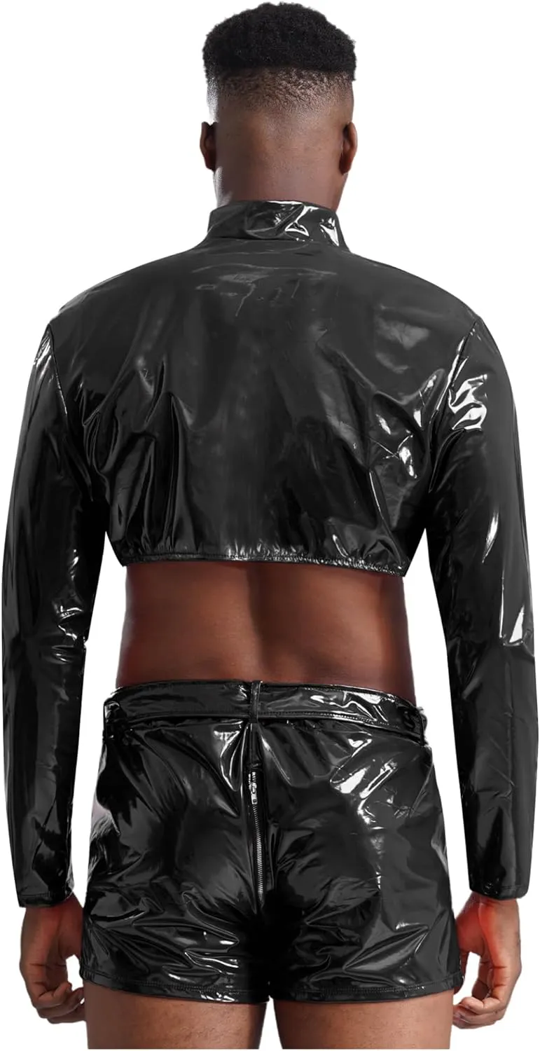 Sywiyi Men's Glossy Faux Leather Cutoff Coats Bodybuilding Tees with Boxer Briefs Trunks Stage Underwear