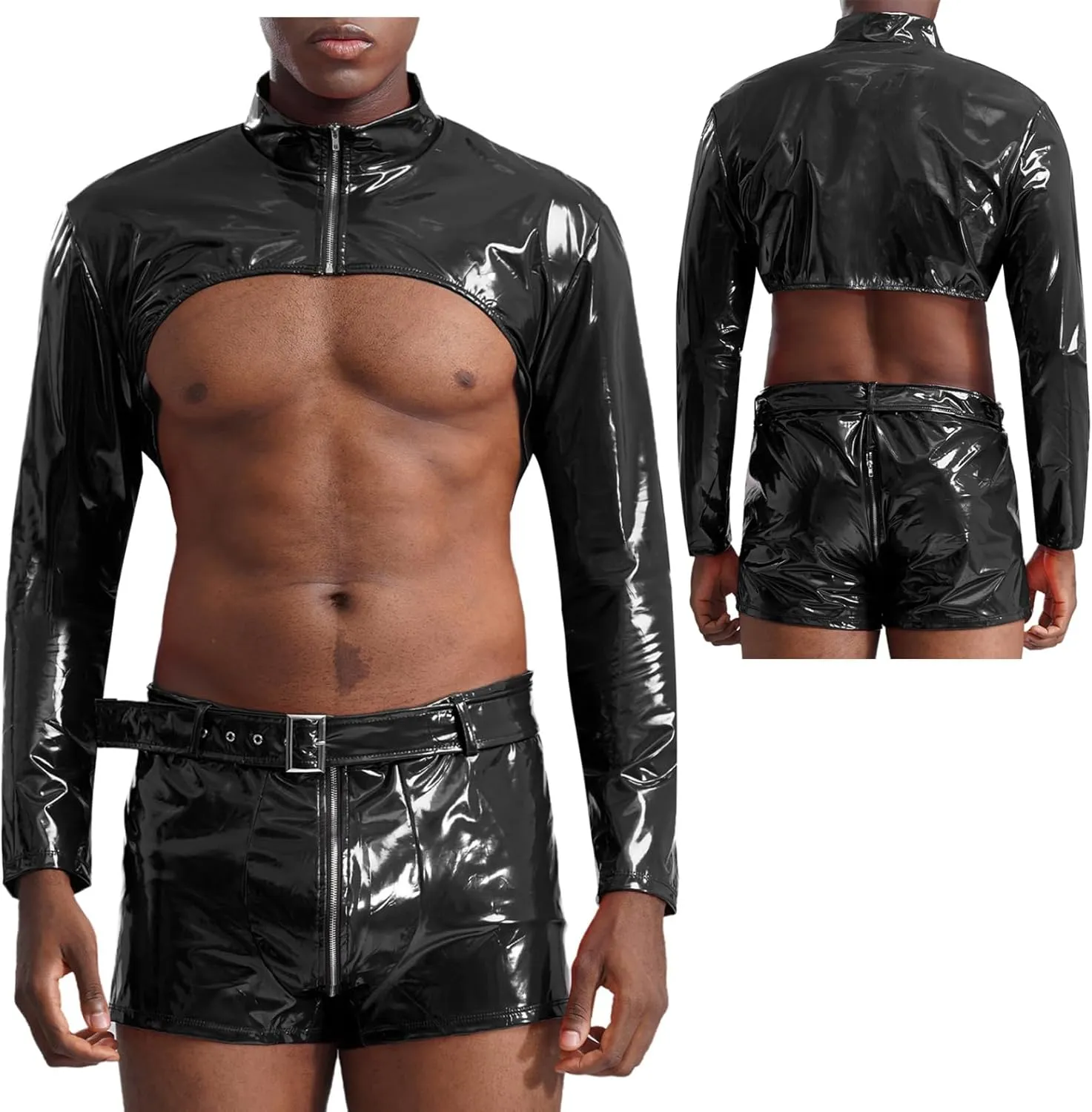 Sywiyi Men's Glossy Faux Leather Cutoff Coats Bodybuilding Tees with Boxer Briefs Trunks Stage Underwear