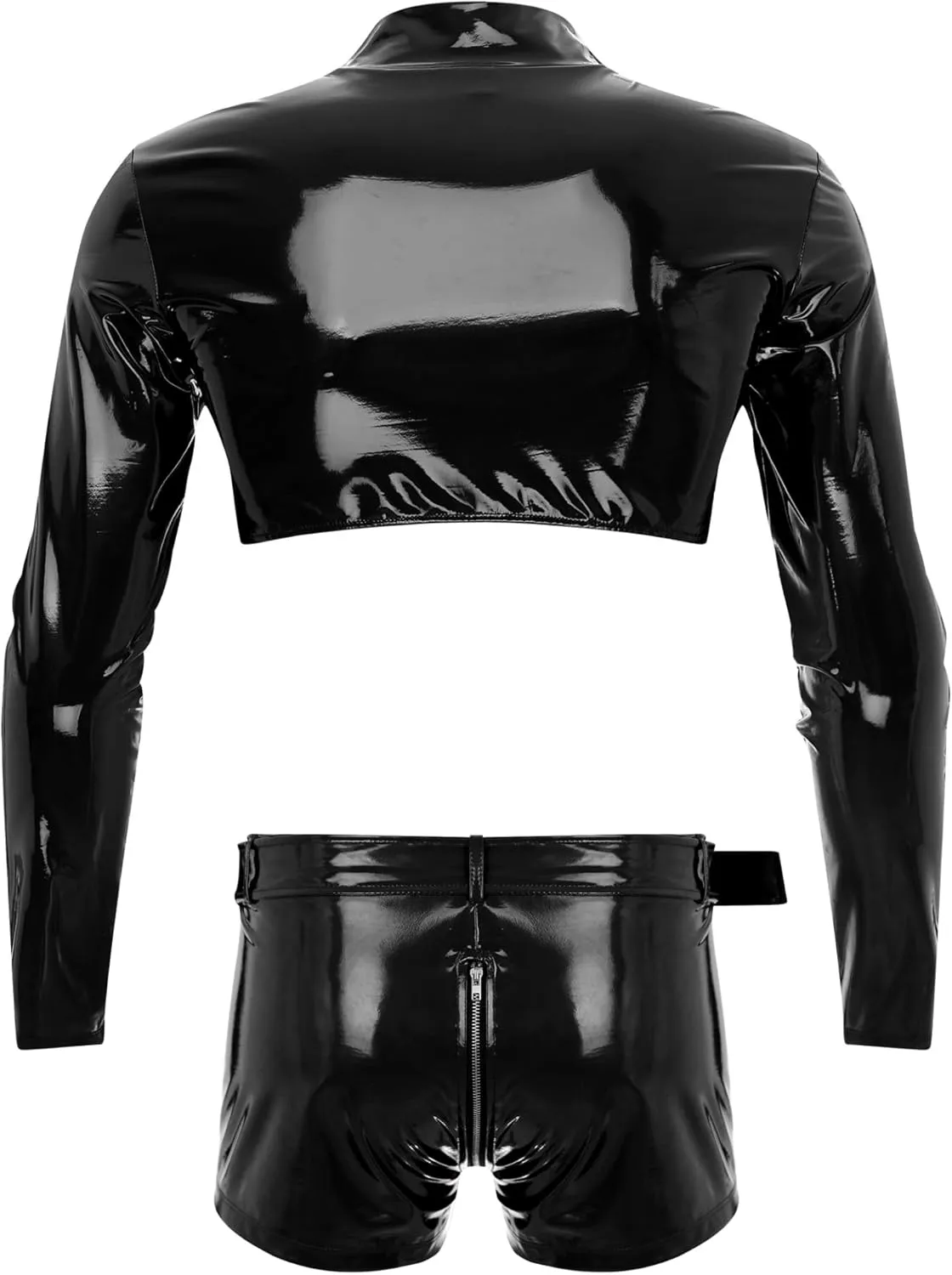 Sywiyi Men's Glossy Faux Leather Cutoff Coats Bodybuilding Tees with Boxer Briefs Trunks Stage Underwear