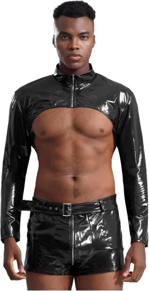 Sywiyi Men's Glossy Faux Leather Cutoff Coats Bodybuilding Tees with Boxer Briefs Trunks Stage Underwear