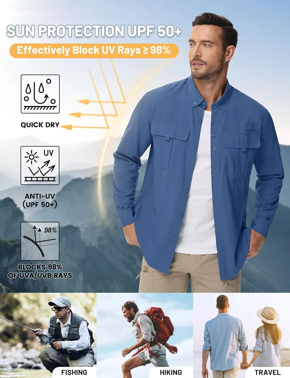TACVASEN Mens Long Sleeve Sun Protection Shirt UPF 50  Quick Dry Fishing Cooling UV Shirts Outdoor Tactical Hiking Shirts