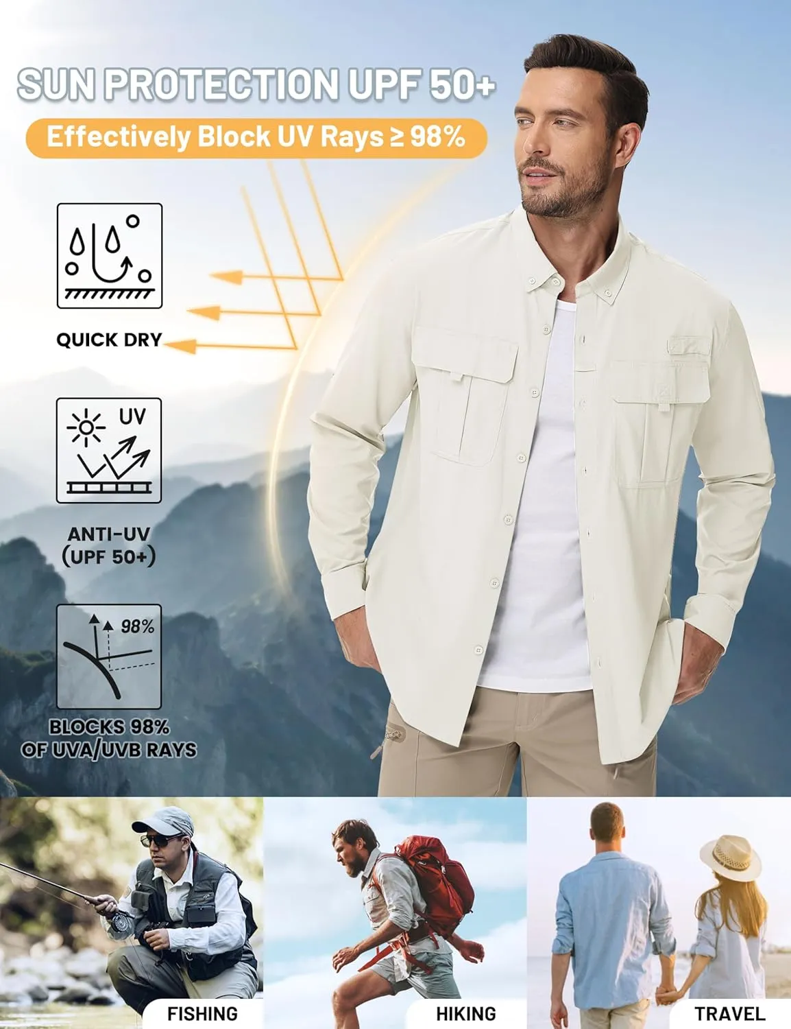 TACVASEN Mens Long Sleeve Sun Protection Shirt UPF 50  Quick Dry Fishing Cooling UV Shirts Outdoor Tactical Hiking Shirts