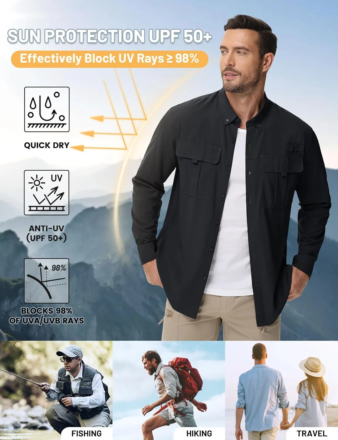 TACVASEN Mens Long Sleeve Sun Protection Shirt UPF 50  Quick Dry Fishing Cooling UV Shirts Outdoor Tactical Hiking Shirts