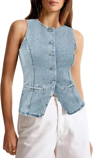 Tankaneo Womens Button Down Denim Vest Tops Sleeveless Fitted Jean Tank Tops Summer Trendy Casual Waistcoat