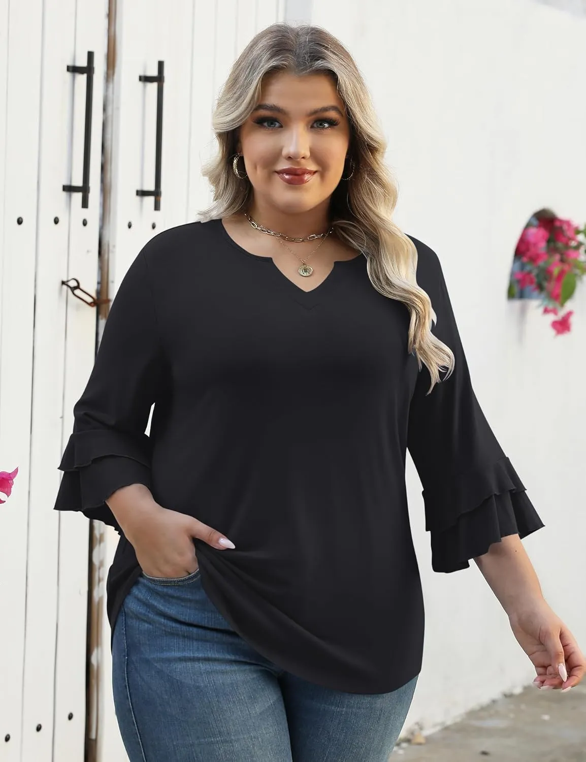 TFSDOD Plus Size Tops for Women V Neck 3/4 Sleeve Dressy Tunics Business Casual Double Layers Shirts(1XL-5XL