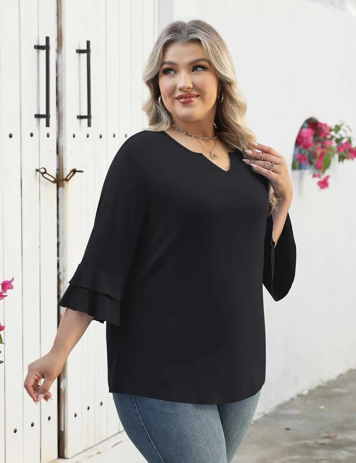 TFSDOD Plus Size Tops for Women V Neck 3/4 Sleeve Dressy Tunics Business Casual Double Layers Shirts(1XL-5XL