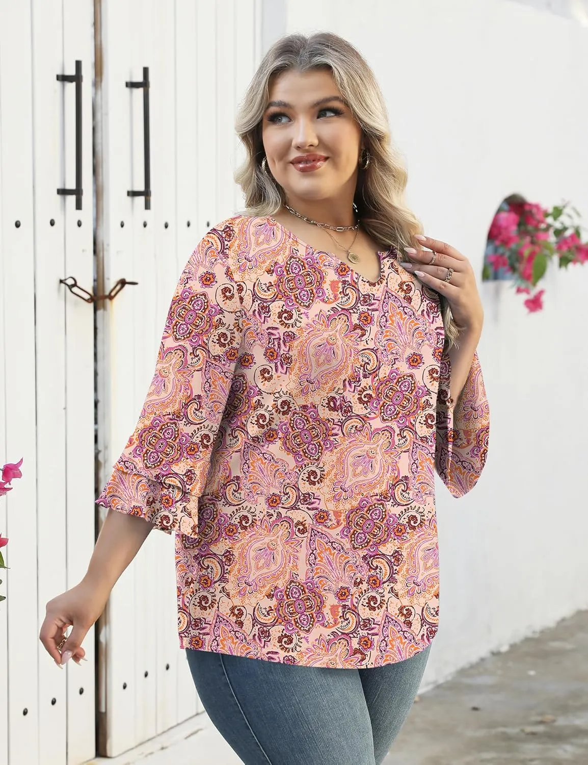 TFSDOD Plus Size Tops for Women V Neck 3/4 Sleeve Dressy Tunics Business Casual Double Layers Shirts(1XL-5XL