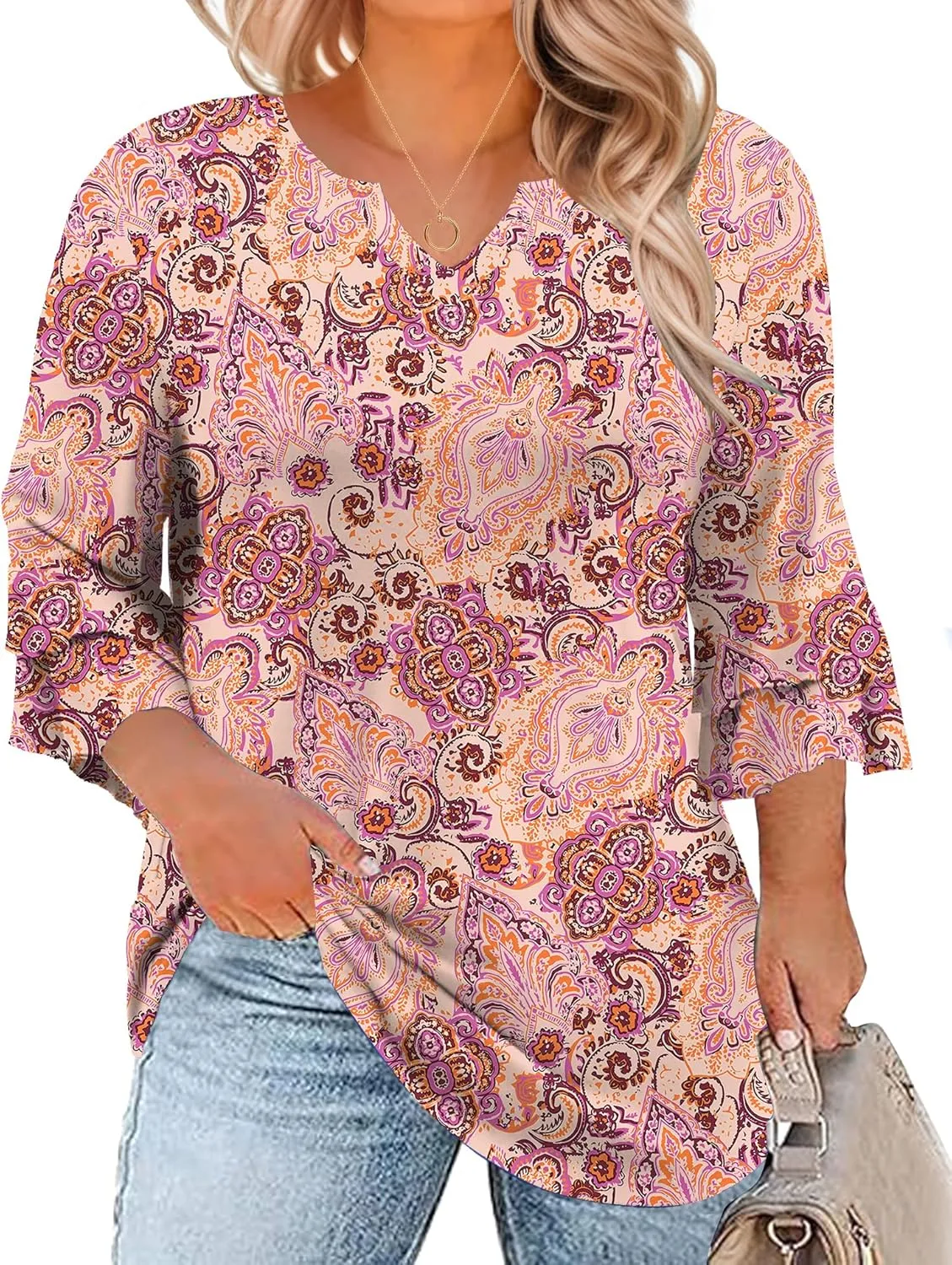 TFSDOD Plus Size Tops for Women V Neck 3/4 Sleeve Dressy Tunics Business Casual Double Layers Shirts(1XL-5XL