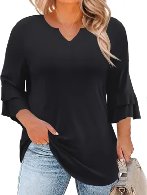 TFSDOD Plus Size Tops for Women V Neck 3/4 Sleeve Dressy Tunics Business Casual Double Layers Shirts(1XL-5XL