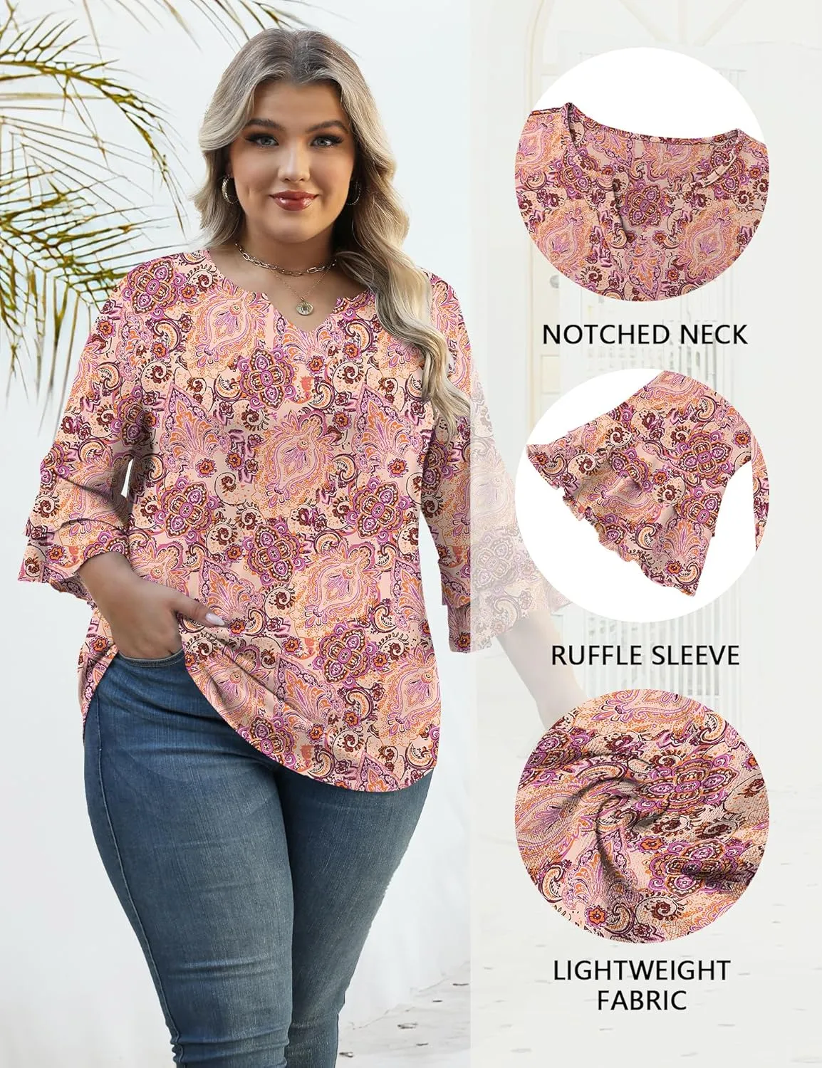 TFSDOD Plus Size Tops for Women V Neck 3/4 Sleeve Dressy Tunics Business Casual Double Layers Shirts(1XL-5XL