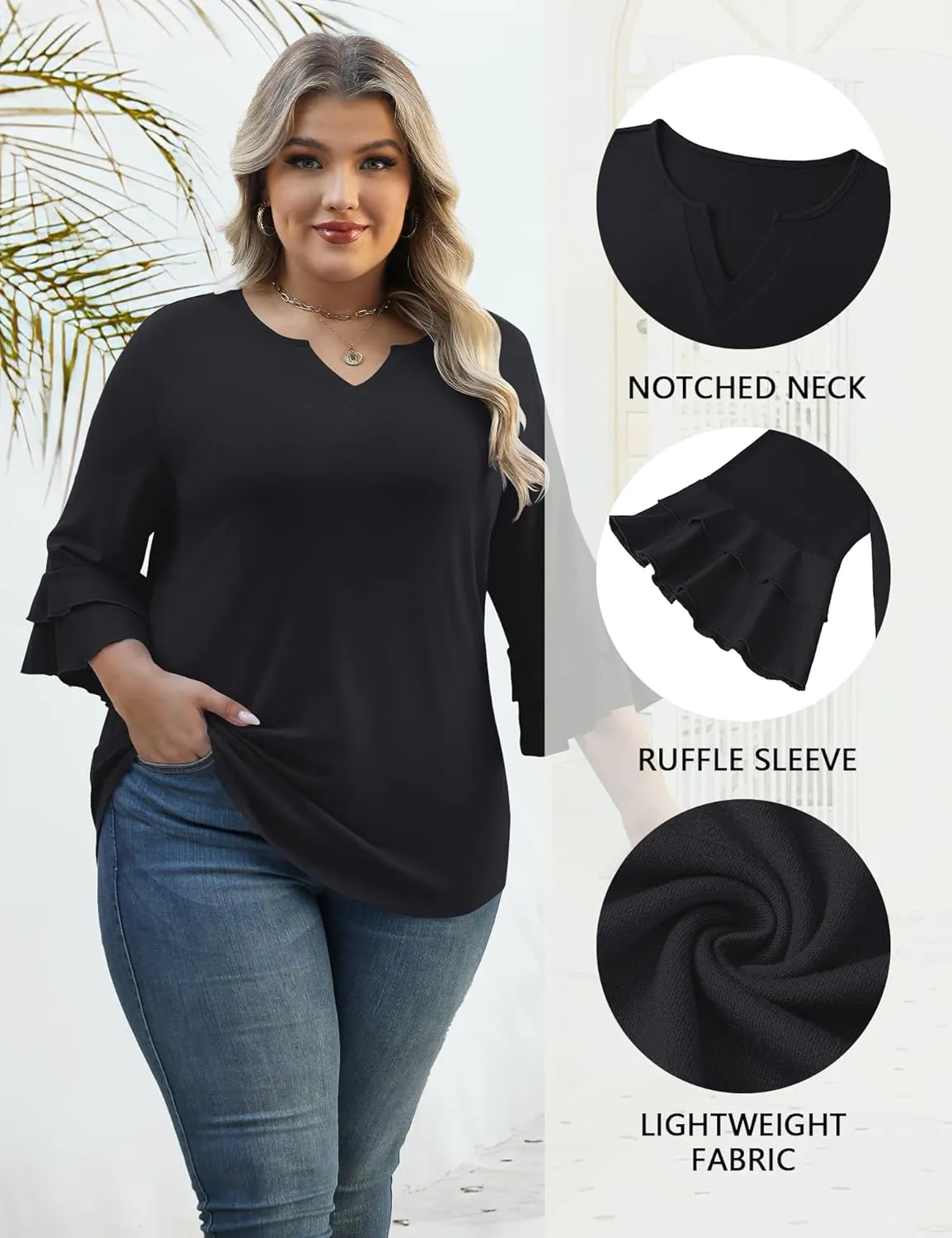 TFSDOD Plus Size Tops for Women V Neck 3/4 Sleeve Dressy Tunics Business Casual Double Layers Shirts(1XL-5XL