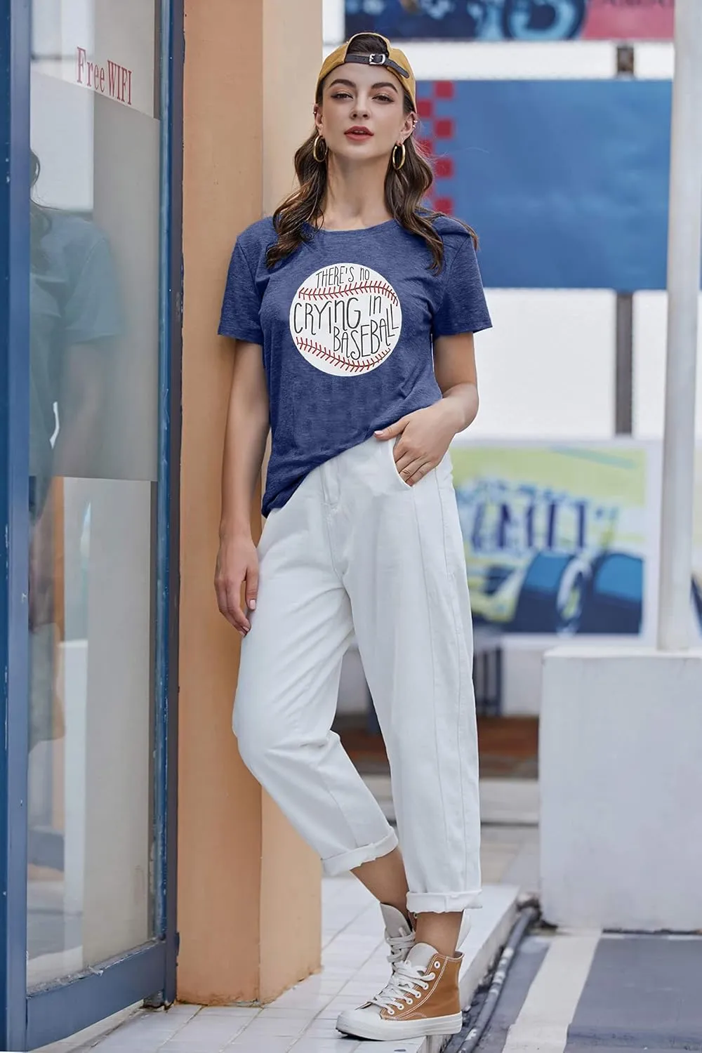 Theres No Crying in Baseball T Shirt Women Baseball Mom Graphic Tees Casual Short Sleeve Tops Baseball T-Shirt