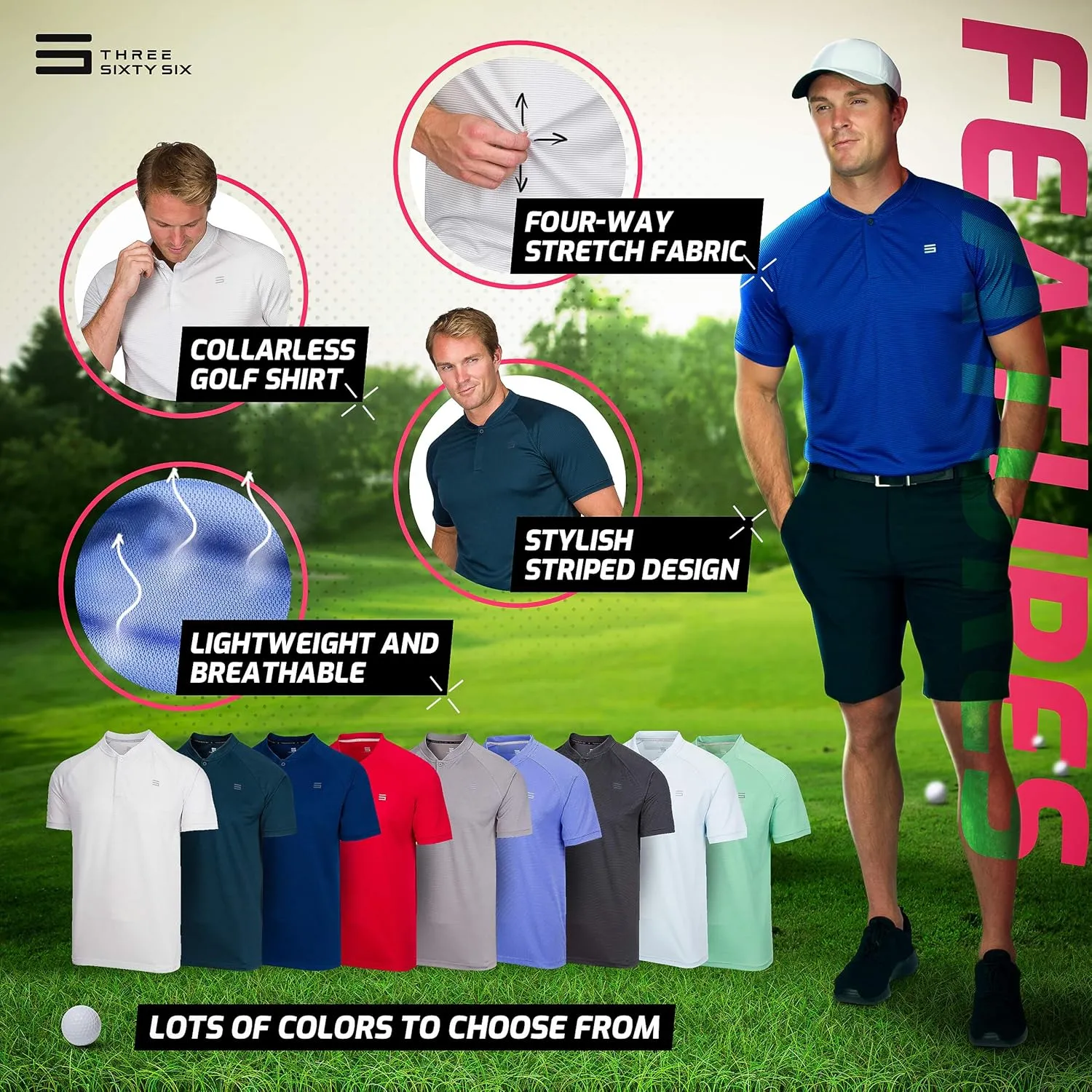 Three Sixty Six Collarless Golf Shirts for Men - Quick Dry Short Sleeve T-Shirt with 4-Way Stretch Fabric & UPF 30